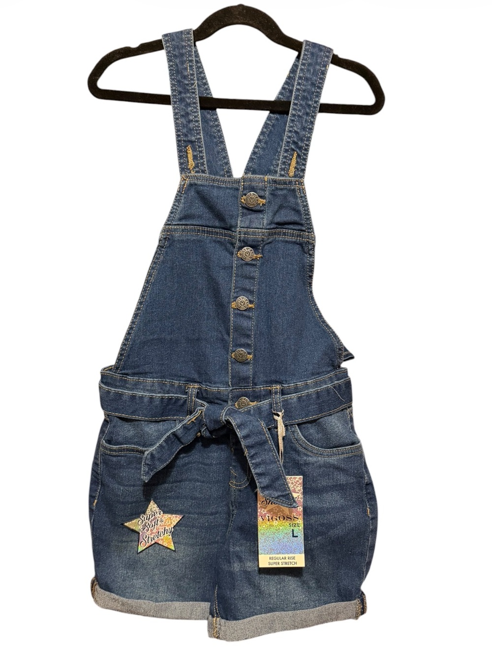 Vigoss Denim Short Overalls Adjustable Front Belt Tie Dark Blue NWT Size Large